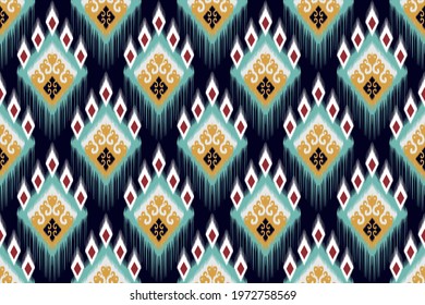 Tribal Indian ikat seamless pattern design. Aztec fabric carpet mandala ornament native boho chevron textile decoration. Geometric African American vector illustrations background.