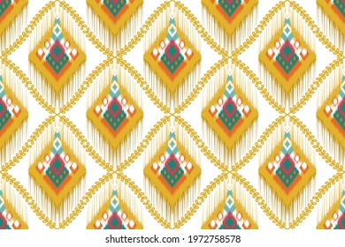 Tribal Indian ikat seamless pattern design. Aztec fabric carpet mandala ornament native boho chevron textile decoration. Geometric African American vector illustrations background.