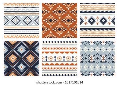 Tribal indian seamless pattern. Color mexican, aztec and maya ornament, ethnic stylish fabric geometric print wallpaper texture vector set. Unique folk, national culture collection