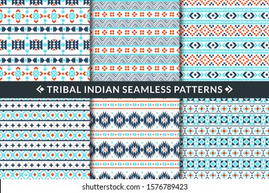 Tribal indian seamless patterns. Aztec, maya and mexican ethnic ornament geometric shapes. Trendy textile fabric, wallpaper print vector mosaic decoration set