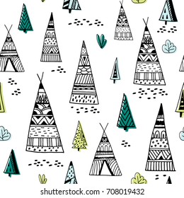 Tribal indian wigwam pattern. Doodle childish minimalist background.Vector Illustration