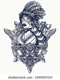 Tribal indian woman and mayan symbols. Tattoo and t-shirt design. Ethnic girl warrior. Native american indian art