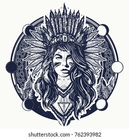 Tribal indian woman and mountains tattoo and t-shirt design. Ethnic girl warrior t-shirt design 