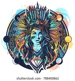 Tribal indian woman tattoo and t-shirt design. Ethnic girl warrior. American indian, vector ethnic art