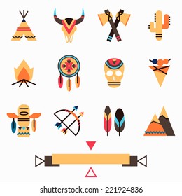 Tribal Indigenous Icons Set With Ethnic American Symbols: Arrow And Bow, Feather, Dream Catcher, Cactus, Wigwam, Tomahawk, Animal And Human Skull