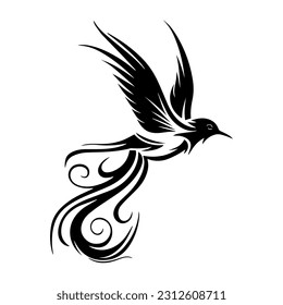 Tribal inspired flying bird tattoo illustration, showcasing elegance and grace. A symbol of liberation and spiritual connection to nature.