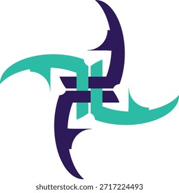 Tribal Interlocking Blades Logo Abstract Four-Pointed Symbol Stylized Pinwheel Vector Modern Geometric Design in Teal and Purple chines shuriken