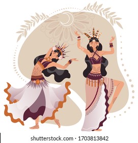 Tribal, intertribal dancer, woman character in national costume, isolated on white, flat vector illustration. Wild dance, eastern, asia female, girl. Design banner for ancestral round dance.