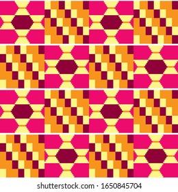 Tribal Kente mud cloth style vector seamless textile pattern, African traditional geometric nwentoma design from Ghana in yellow, pink and brown. 
Repetitive motif with abstract shapes, Kente design 