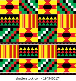 Tribal Kente mud cloth style vector seamless textile pattern, African traditional geometric nwentoma design - rasta colors. Repetitive motif with abstract shapes, Kente design native to the Akan