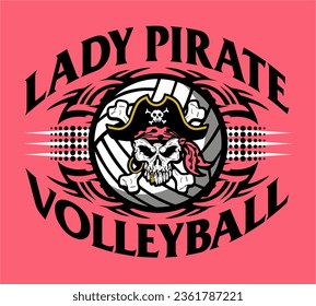 tribal lady pirate volleyball team design with mascot inside ball for school, college or league sports