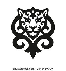 Tribal leopard head in ornamental style, black and white tattoo design with ethnic decorative elements, wild big cat face isolated on white background, symmetrical vector illustration
