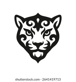 Tribal leopard head in ornamental style, black and white tattoo design with ethnic decorative elements, wild big cat face isolated on white background, symmetrical vector illustration