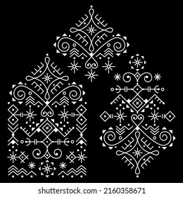 Tribal line art vector pattern set inspired by Nordic Viking rune art with geometric symbols and abstract shapes in white on black background. Monochrome modern ornamental designs collection