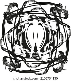 Tribal linear frame with man element inside in black-white tones. Beautiful interlacing pattern for backgrounds or textures, wallpaper, posters, covers, textiles, prints, fabric, fashion trends, etc.