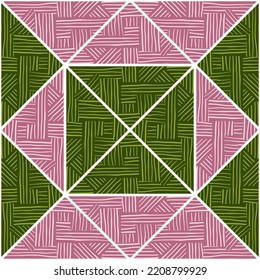 Tribal lines mosaic seamless pattern. Creative stripes vintage ornament. Abstract geometric ethnic tile. Design for fabric, textile print, wrapping paper, cover. Vector illustration