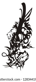Tribal lion and dragon head symbol with feathers. Flaming black double symbol formed by the head of a lion and the aggressive head of a dragon with an eagle wing