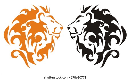 Tribal lion heads. Orange and black on the white