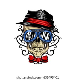 Tribal mafia skull with goggles and wearing hat, goggles, and Butterfly ribbon with tribal floral tattoo background. Vector skull hand draw