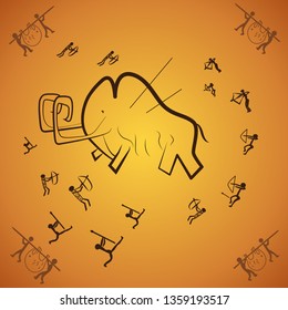 Tribal Mammoth Hunting Scene. Hand Drawn Vector Cave Painting Illustration.