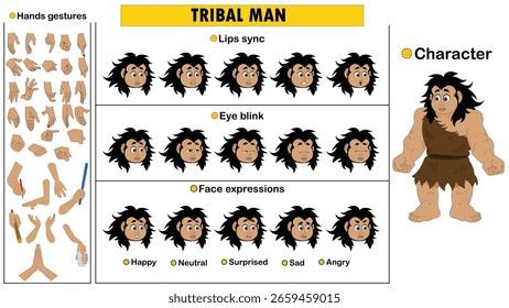 Vector de dibujos animados Tribal hombre hoja modelo completa incluyendo ojos parpadear, sincronización de labios, expresiones faciales y gestos de manos
