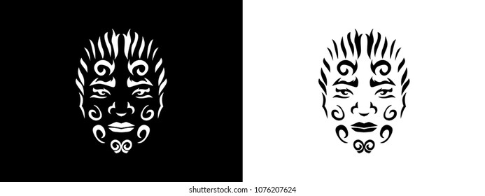 Tribal Man Portrait, Man Portait In Tribal Style Illustration In Black And White