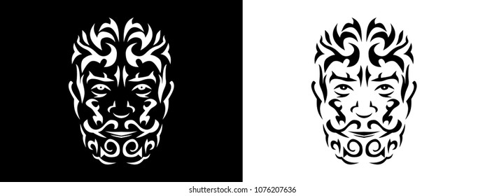 Tribal Man Portrait, Man Portait In Tribal Style Illustration In Black And White