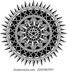 Mandala tribal con estrella de cinco puntas. Diseño polinesio circular. Tatuaje, diseño y decoración, páginas de libros de colores. Líneas muy detalladas y precisas para impresión o grabado