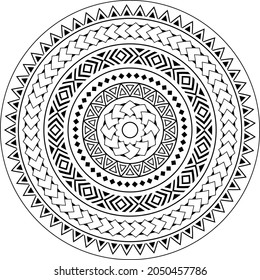 Tribal mandala ornament vector design, geometric Hawaiian tattoo style pattern in black and white. Boho mandala illustration, monochrome design inspired by traditional art