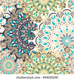 Tribal mandala vector seamless pattern. Vintage design for printing. Hand drawn background. Islam, Arabic, Indian, ottoman oriental ornament.