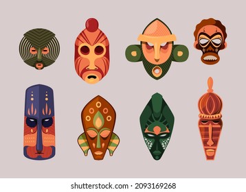 Tribal mask. African ceremony spirit ritual colored masks various emotional ethno wild faces animals garish vector flat pictures collection