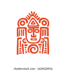 Tribal mask aztec or Mayan culture isolated totem. Vector indian or african tiki face, aztec souvenir or mascot. Warrior head with hair, inca and maya symbol, ethnic idol or shaman spiritual head