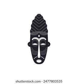 Tribal mask black line art icon. African carved wooden mask with ornament vector outline illustration. Cartoon craft aboriginal face totem silhouette. Ritual ethnic symbol isolated on white