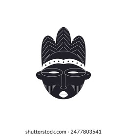 Tribal mask black line art icon. African carved wooden mask with ornament vector outline illustration. Cartoon craft aborigine face totem silhouette, ritual ethnic symbol isolated on white