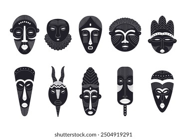 Tribal mask black line art icons set. African carved wooden mask with ornament vector outline illustration. Cartoon craft aboriginal face totem silhouette. Ritual ethnic symbol isolated on white