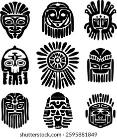 Tribal mask collection. Totem ancient decoration elements.