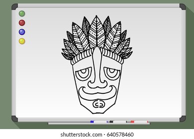 Tribal mask ethnic. Hand drawn vector stock illustration Black and white whiteboard drawing.