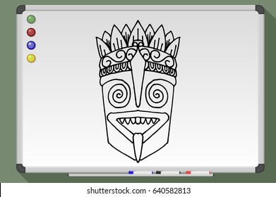 Tribal mask ethnic. Hand drawn vector stock illustration Black and white whiteboard drawing.