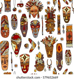 Tribal mask ethnic, seamless pattern, sketch for your design