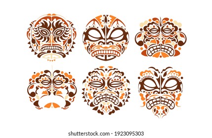 Tribal mask ethnic set. Polynesian colored patterns of faces illustration on white background. Vector illustration