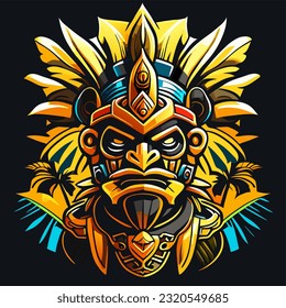 Máscara tribal con plumas. Ilustración vectorial para la impresión de camisetas.
