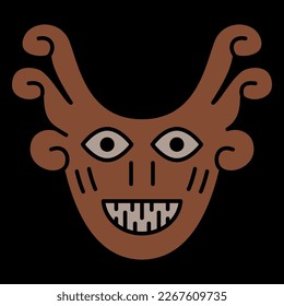 Tribal mask. Funny face. Ethnic design of Nazca Indians from ancient Peru. On black background.