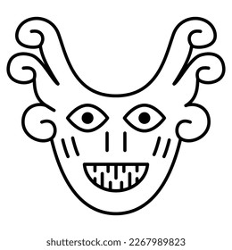 Tribal mask. Funny face. Ethnic design of Nazca Indians from ancient Peru. Black and white linear silhouette.