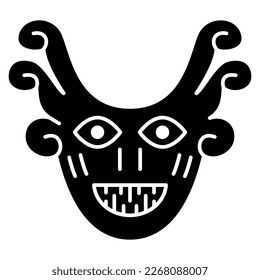 Tribal mask. Funny face. Ethnic design of Nazca Indians from ancient Peru. Black and white negative silhouette.