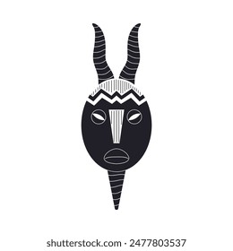 Tribal mask with horns black line art icon. African carved wooden mask with ornament vector outline illustration. Cartoon craft aborigine face totem silhouette, ritual ethnic symbol isolated on white