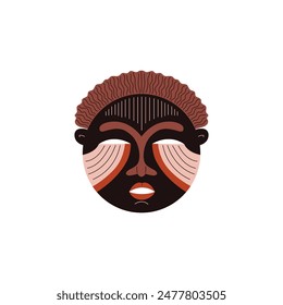 Tribal mask icon. African carved mask from wood with colorful ornament vector flat illustration. Cartoon craft aborigine face totem, ritual ethnic symbol isolated on white