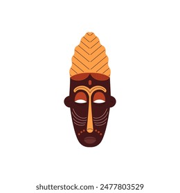 Tribal mask icon. African carved painted wooden mask vector flat illustration. Cartoon craft shaman face, Aztec and Inca totem, ritual ethnic symbol isolated on white. Aboriginal souvenir