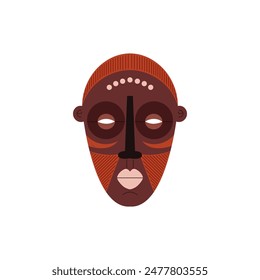 Tribal mask icon. African carved mask from wood with colorful ornament vector flat illustration. Cartoon craft voodoo face, Aztec and Inca totem, ritual ethnic symbol isolated on white