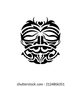 Tribal mask. Monochrome ethnic patterns. Black tattoo in samoan style. Isolated on white background. Hand drawn vector illustration.