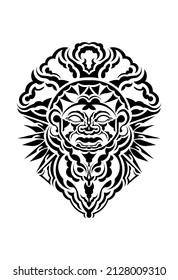Tribal mask. Monochrome ethnic patterns. Black tattoo in Maori style. Isolated. Vector.